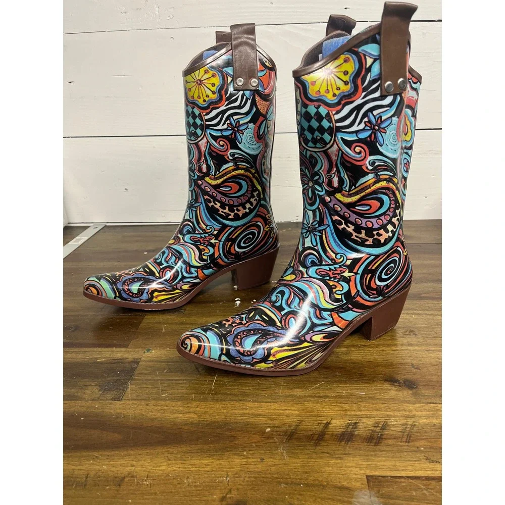 BOPS by Beehive RAIN12 Western Rain Boots‎ Psychedelic Paisley Floral Womens 8